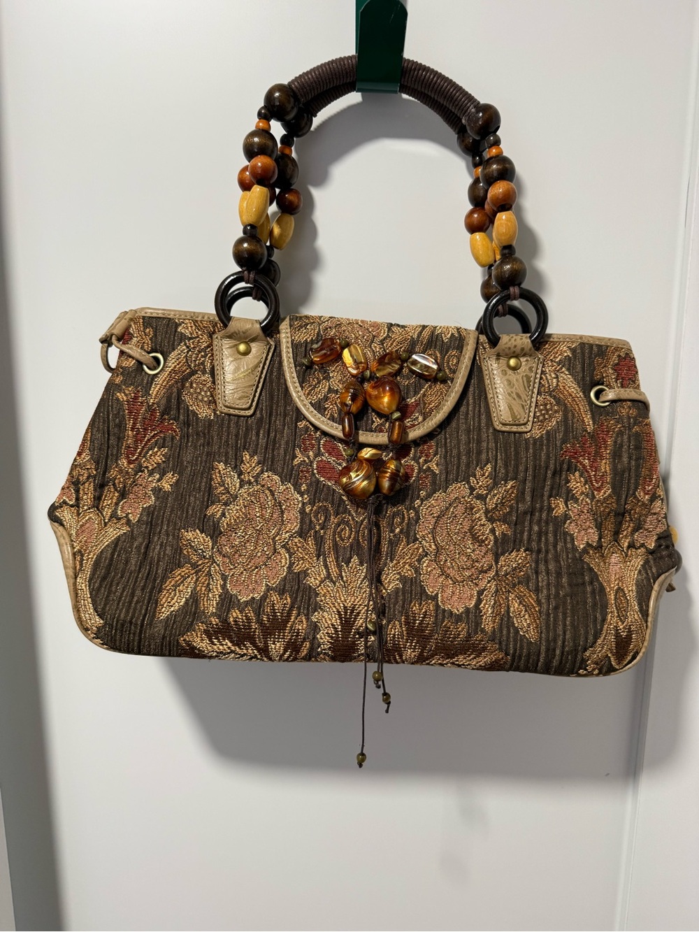 Sharif Brown Floral Tapestry Tote with Beaded Handle and leather trim